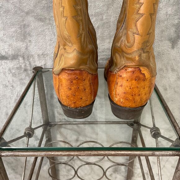 Vintage Justin Ostrich Cowboy Boots Mens 10.5 D Two tone tan full quill * - Picture 5 of 16